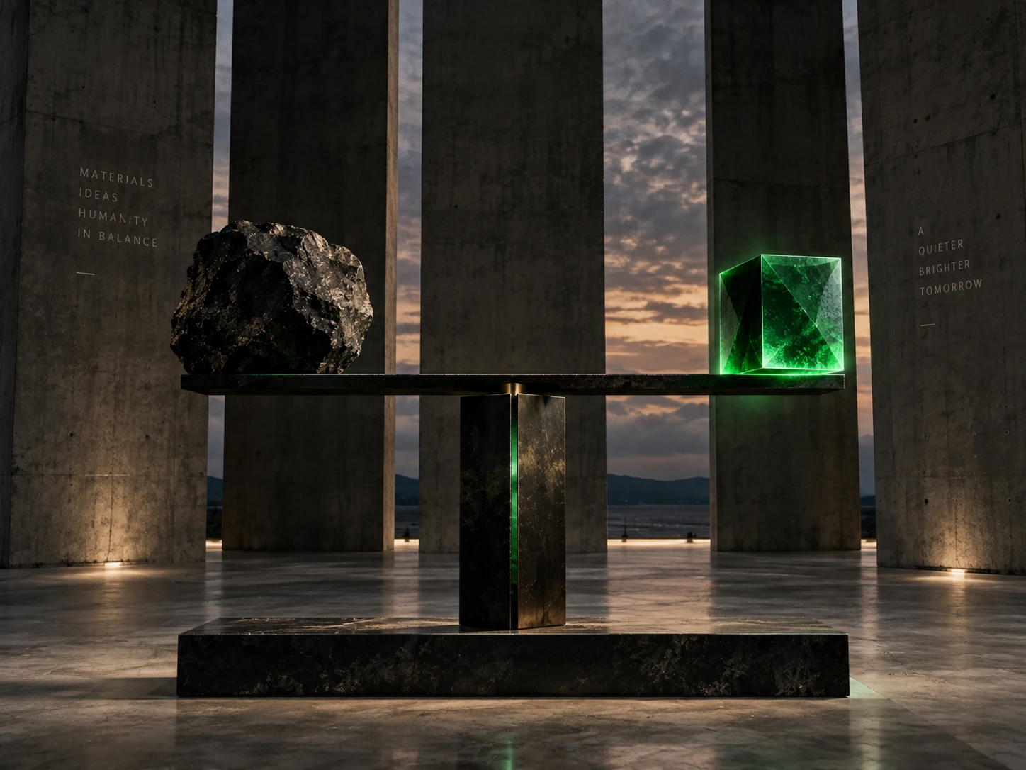 Brandotrix Kinetic Equilibrium Sculpture - Raw Granite and Glowing Jade Cube